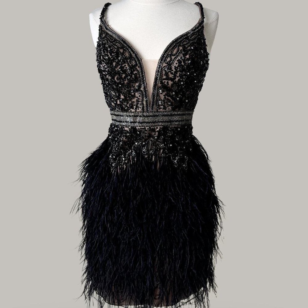 Brand New US 8 Jovani Black Feather Mini Evening Dress